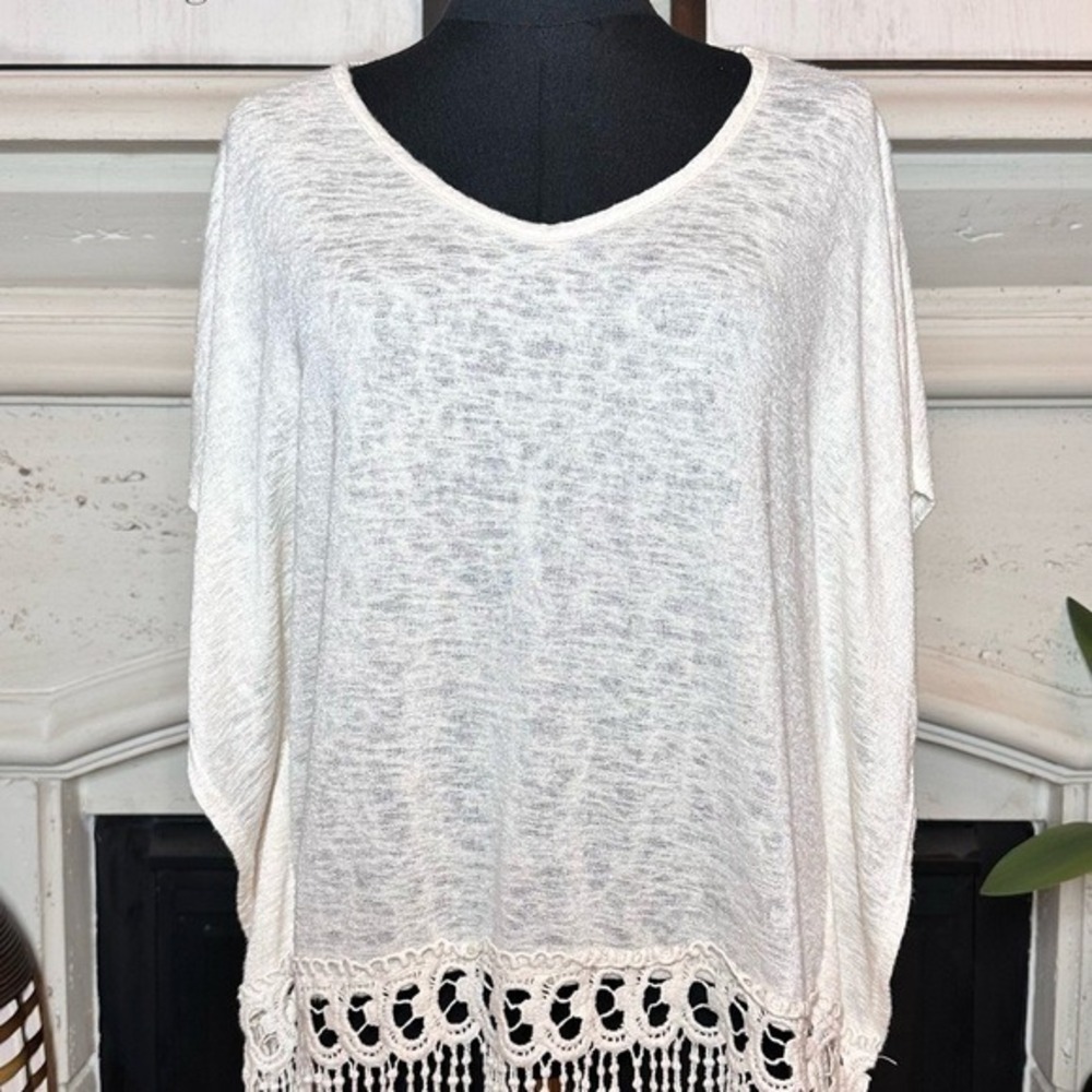 Penelope Cream Knit Poncho Top V-Neck Crochet Lace Fringe Trim Boho One Size